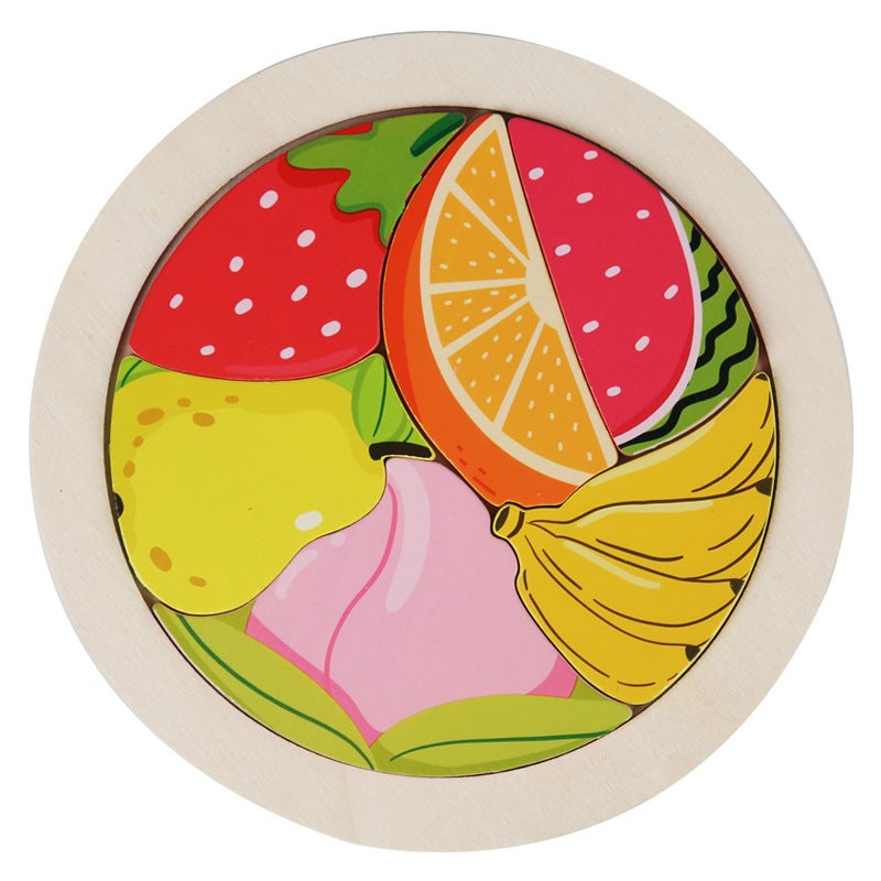 Wooden Children'S Animal Fruit Creative Three-Dimensional Round Jigsaw Puzzle Building Blocks Puzzle Tetris Building Blocks Toy - Image 1